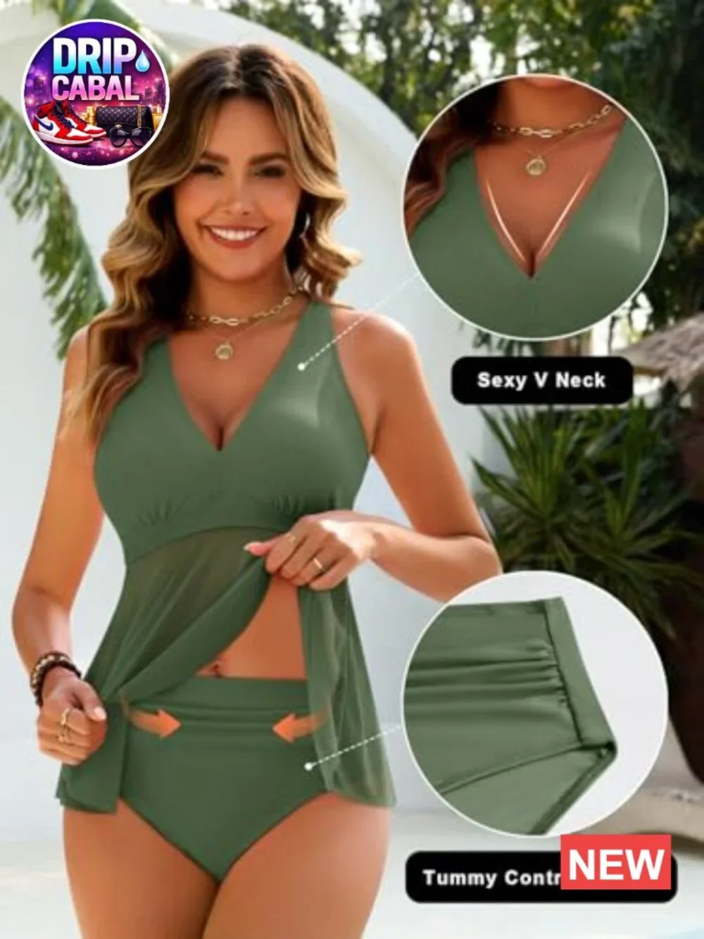 Tummy Control Tankini Set Flowy Mesh Top Full Coverage High Waisted Bottom